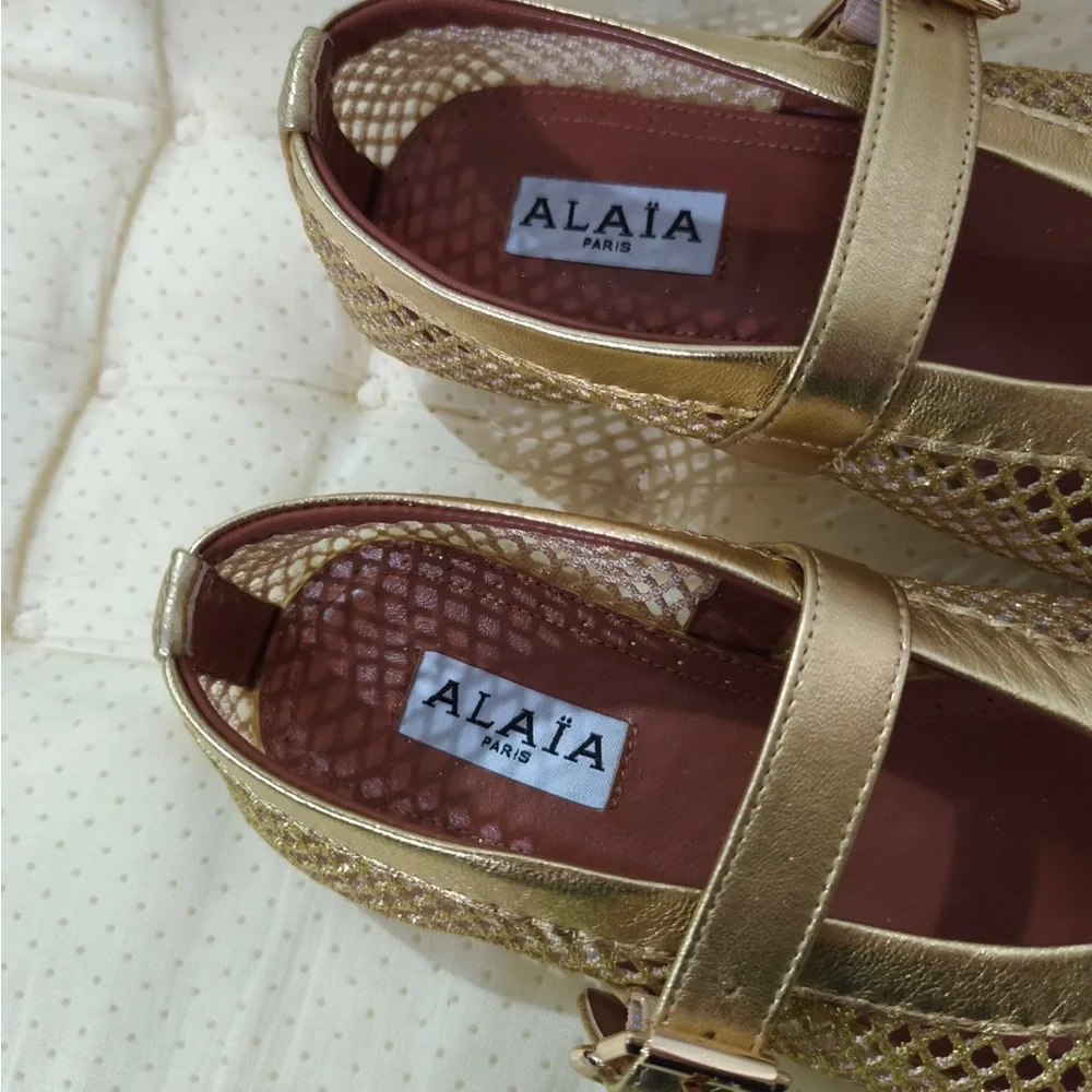 Alaïa Metallic Gold Mesh Mary Jane Flats